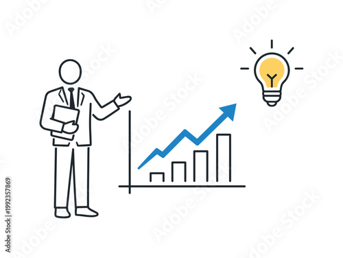 Startup pitch presentation focused on communicating innovative business ideas to potential investors in a professional setting, a presenter figure beside a simple upward