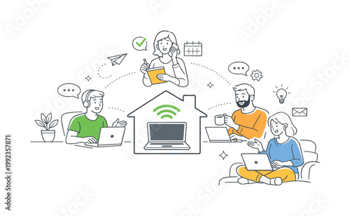 Remote work daily routine scene showing a distributed team collaborating from home offices while balancing tasks and communication across locations, using a laptop and a