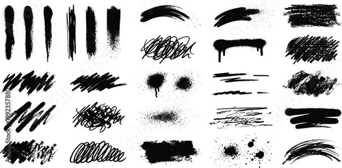 Black grunge brush strokes and paint splatter set featuring distressed ink textures charcoal scribbles spray paint drips and artistic smudges vector illustration collection