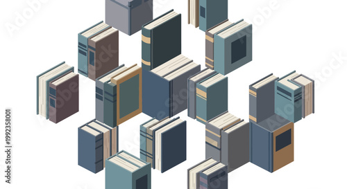 Isometric arrangement of books with varying colors and orientations on white background