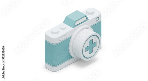 Isometric camera illustration with plus symbol for photography and digital design