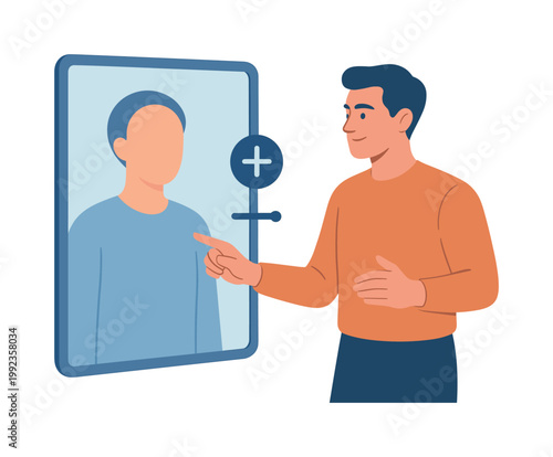 Interactive digital customization process where a person modifies an avatar to match preferences and context, highlighting flexibility, technology, and engagement in