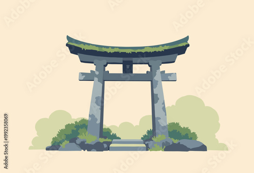 crisp 2D Ishidoro stone lantern found Japanese gardens Unlit, rendered flat, solid grey stones patches flat, matte green moss Clean architectural lines Solid beige background No text