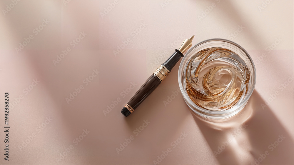 Naklejka premium fountain pen beside glass beaker with swirling translucent liquid on pale paper , longevity research and executive health 
