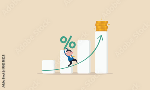 Businessman balancing on a tightrope with percentage sign and rising graph