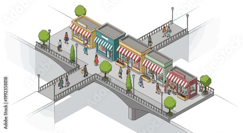 Isometric illustration of shops and pedestrians crossing a bridge