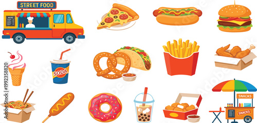 Flat vector illustration set of colorful street food icons including burger pizza hot dog taco fries donut soda and food truck on white background.