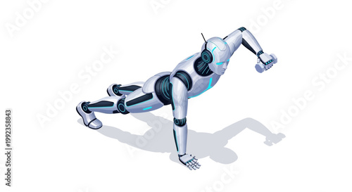 Isometric robot performing exercise isolated on white background