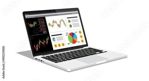 Laptop displaying financial charts and data on white background isolated