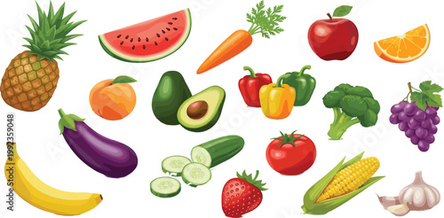 Fresh organic fruits and vegetables collection featuring pineapple watermelon carrot apple orange peach avocado bell peppers broccoli grapes banana eggplant cucumber tomato strawberry 