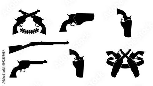 Wild West gun silhouette set, vintage revolver and rifle icons, western cowboy pistol and holster vector collection, antique firearm weapon graphics