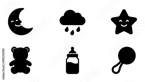 Minimalist baby nursery icons set, black silhouette infant care symbols, cute moon and star vector graphics, 6 nursery elements for baby shower design