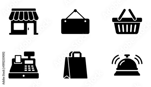 Minimalist shopping icon set, black solid retail symbols for e-commerce, 6 vector elements including storefront and cash register for business apps