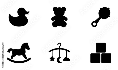 Baby toy icons set, black silhouette nursery symbols including rubber duck and teddy bear, 6 vector elements for childhood and infant care