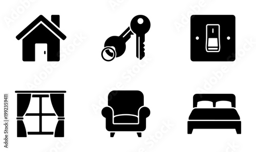 Real estate icon set with house and keys, home interior furniture and light switch symbols, 6 black solid vector icons for property listings