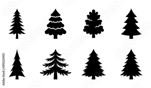 Minimalist pine tree silhouettes, set of 8 black evergreen icons, coniferous forest tree vector elements for winter and holiday design