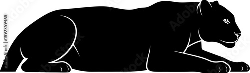 Sleek black panther silhouette vector graphic in lying down pose isolated on white background for wildlife branding