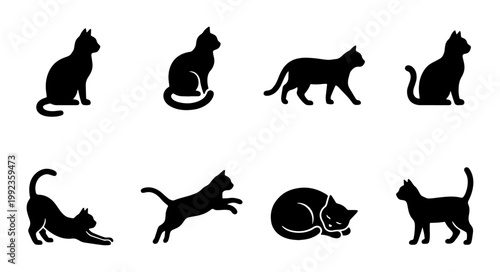 Black cat silhouette icons set, minimalist feline pet vector graphics, 8 domestic cat poses including sitting walking and jumping, animal silhouette collection