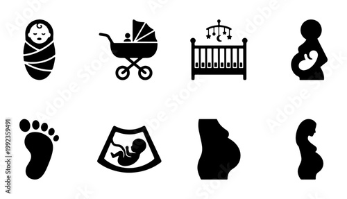 Pregnancy and newborn baby icon set, black silhouette maternity symbols, 8 vector elements for motherhood and prenatal care apps
