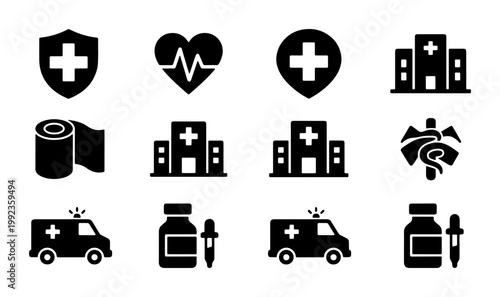 Medical icon set with 12 black solid glyphs, healthcare symbols for hospital and clinic apps, ambulance and pharmacy vector collection