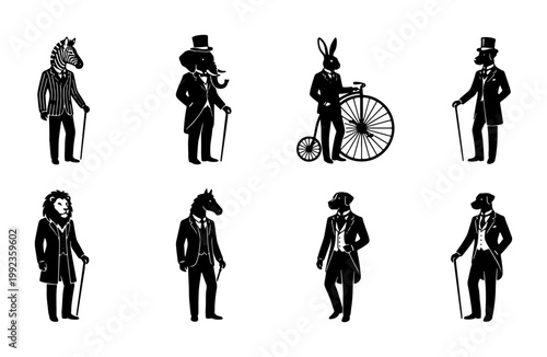 Vintage anthropomorphic animal gentlemen collection, 8 black and white Victorian style animal characters in suits, retro dapper animal silhouettes