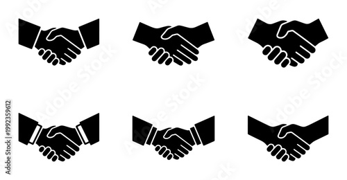 Business handshake icon set, professional partnership and deal agreement symbols, 6 black vector silhouettes for corporate success and collaboration