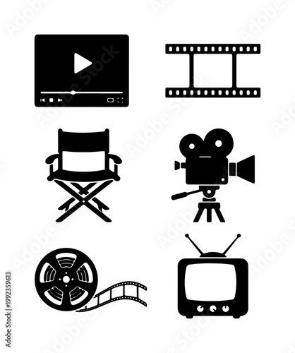 Cinema and movie production icon set, 6 black film industry vector silhouettes, video player and camera symbols, retro television and directors chair
