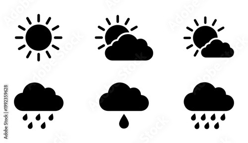 Minimalist weather icon set, black silhouette sun and cloud symbols, 6 vector meteorology elements for forecast apps and web interfaces