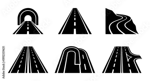 Φωτογραφία Minimalist road icon set with 6 vector highway symbols, black asphalt street per