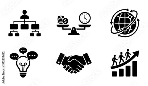 Business management icon set, corporate strategy and leadership symbols, 6 black vector icons for professional marketing and financial presentations