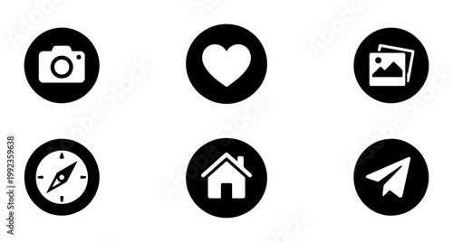 Minimalist social media icon set, 6 black circular web buttons, flat vector interface elements for mobile apps and website navigation