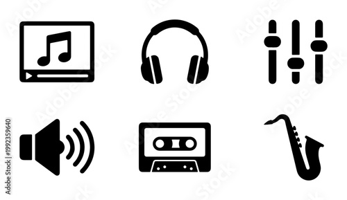 Minimalist music icon set with 6 black vector symbols, audio equipment and instrument graphics, professional sound production and media player elements