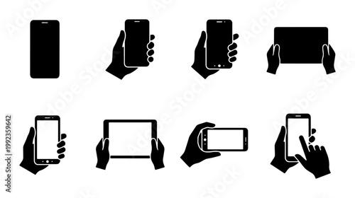 Minimalist smartphone and tablet silhouette icons, hands holding mobile devices vector set, touchscreen gestures and digital screen mockups