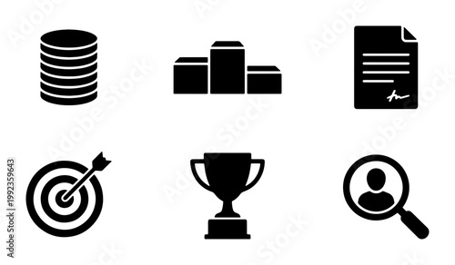 Business success icon set, black solid glyph symbols for corporate achievement, 6 vector icons including trophy and target, professional growth elements