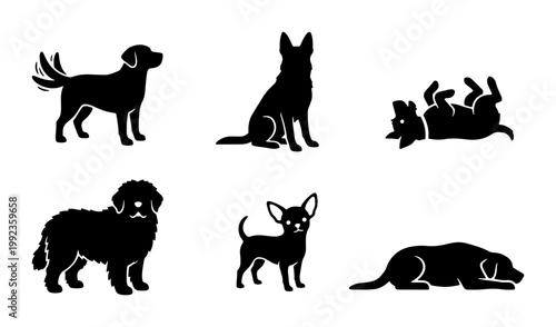 Black dog silhouette collection, set of 6 canine breed vector icons, minimalist pet animal graphics for veterinary and grooming services