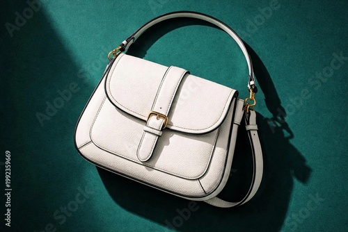 A chic white pebble-grain leather handbag with black trim and gold buckle, elegantly displayed on a dark green textured surface.