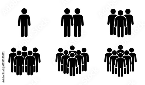 Foto Minimalist people icons set, black silhouette human figures representing crowd a