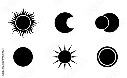 Celestial sun and moon vector icons set, black silhouette solar eclipse and lunar phases, minimalist astronomical symbols for logo design