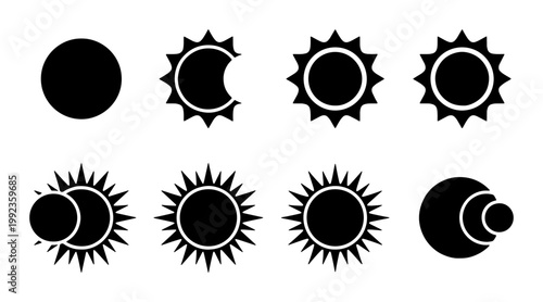Minimalist solar eclipse phases vector set, black sun and moon celestial icons, astronomical lunar cycle silhouettes for science education