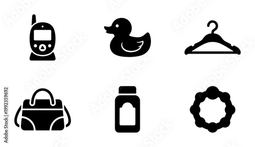 Baby care icon set with 6 black solid vector symbols, nursery essentials collection including rubber duck and baby monitor, infant supplies icons