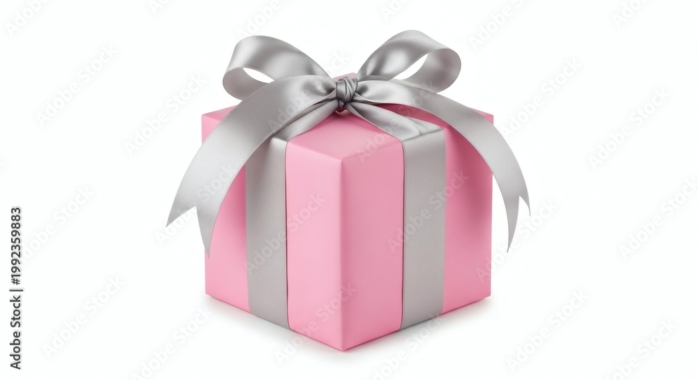 Fototapeta premium A beautifully wrapped pink gift box with a silver ribbon and bow on a white background