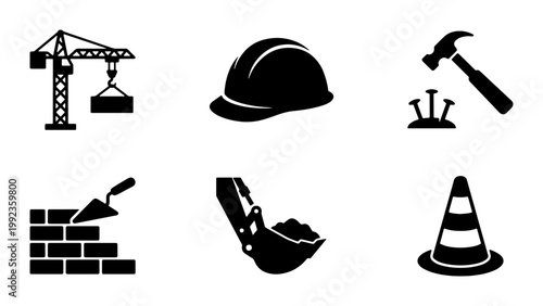 Construction icon set with 6 black vector silhouettes, industrial building site equipment symbols, heavy machinery and hand tools for civil engineering
