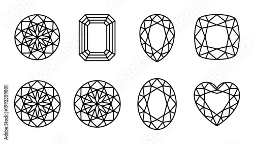 Diamond cut shapes vector set, 8 gemstone outline icons, jewelry design elements including round, emerald, pear, cushion, oval, and heart cuts