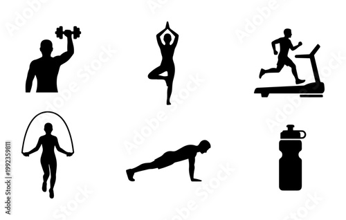 Fitness and gym workout silhouette icons, 6 black vector elements for sports training, yoga and bodybuilding graphics for health apps