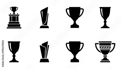 Trophy cup icon set, black silhouette award symbols for sports competition, 8 vector championship prize elements for business achievement and success