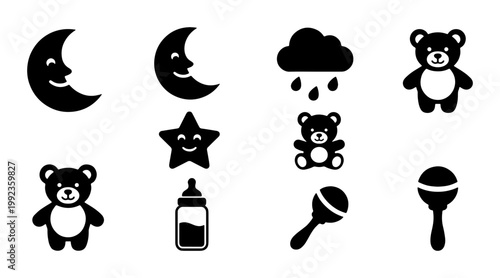 Nursery baby icons set with 10 black vector elements, cute teddy bear and crescent moon symbols, infant toy rattle and feeding bottle graphics