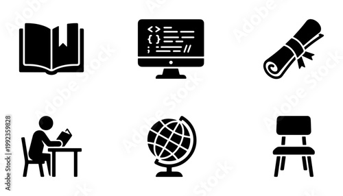 Education and online learning icon set, 6 black solid vector icons for school and university, digital coding and academic study symbols