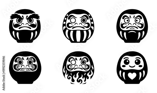Japanese Daruma doll icon set, traditional black and white zen monk vector illustrations, 6 minimalist oriental lucky charm symbols