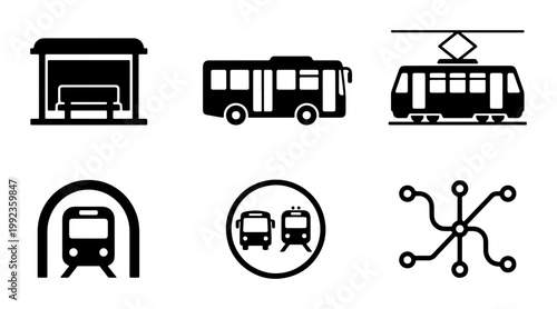 Public transport icon set, black silhouettes of bus and tram vehicles, subway station and metro map symbols, 6 vector elements for urban transit