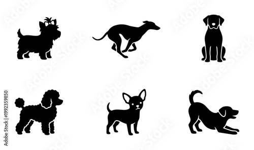 Black dog silhouettes collection, set of 6 canine breed vector icons, minimalist pet animal graphics for veterinary and grooming logos